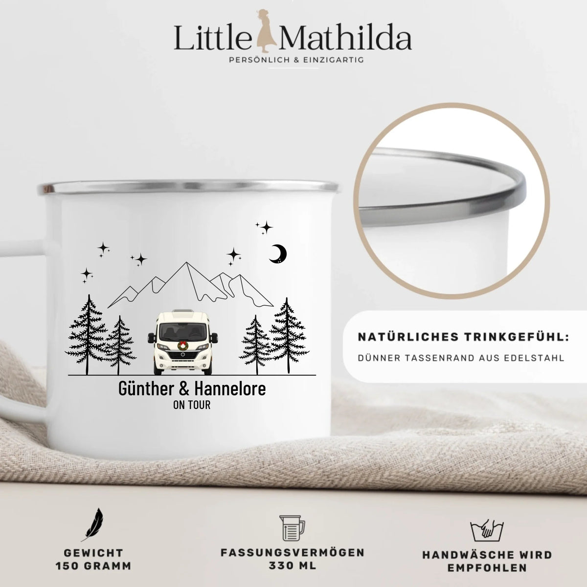 Personalisierte Emaille Camping Tasse mit Namen „Wohnmobil und Wohnwagen im Winter“ Little Mathilda Little Mathilda Emaille Tasse