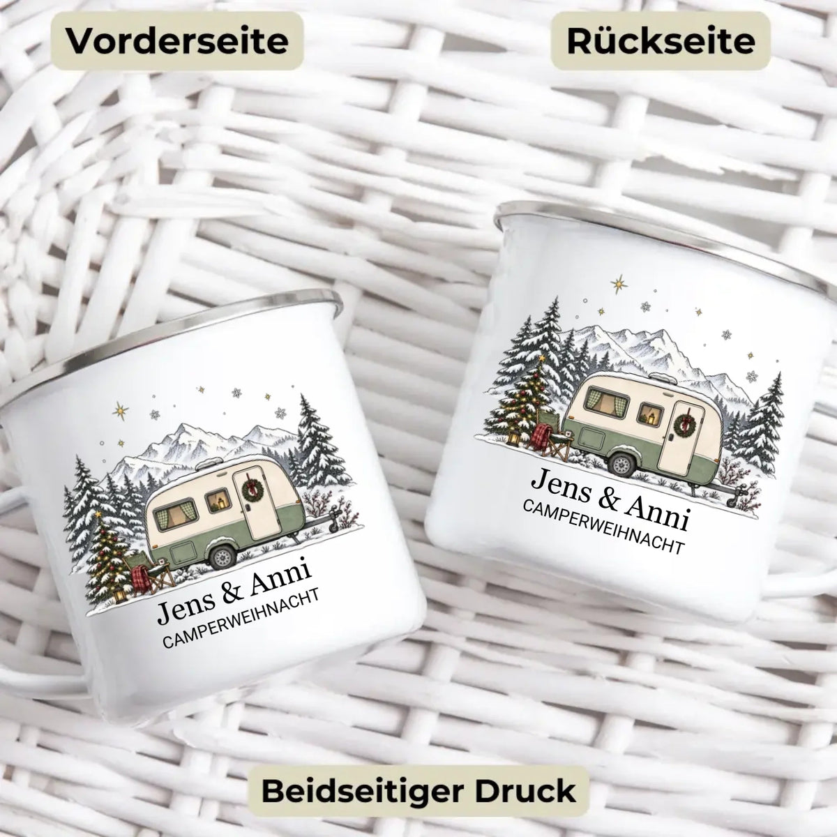 Personalisierte Emaille Camping Tasse mit Namen „Wohnwagen Weihnachten“ Little Mathilda Little Mathilda Emaille Tasse
