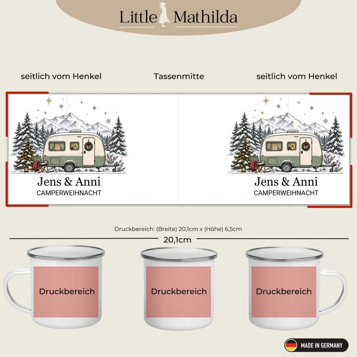 Personalisierte Emaille Camping Tasse mit Namen „Wohnwagen Weihnachten“ Little Mathilda Little Mathilda Emaille Tasse