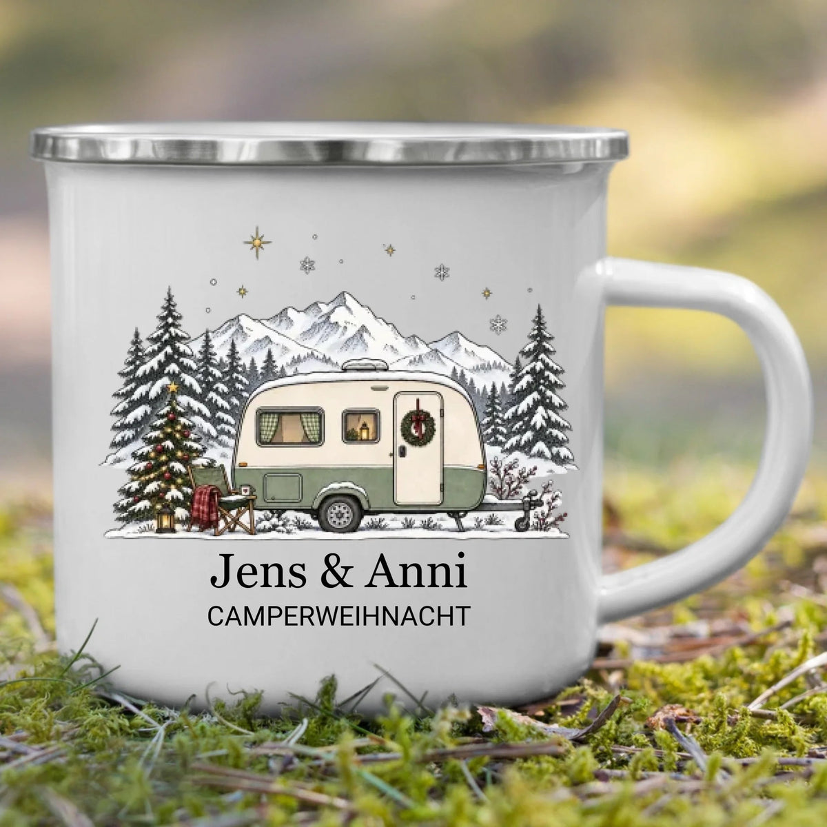 Personalisierte Emaille Camping Tasse mit Namen „Wohnwagen Weihnachten“ Little Mathilda Little Mathilda Emaille Tasse