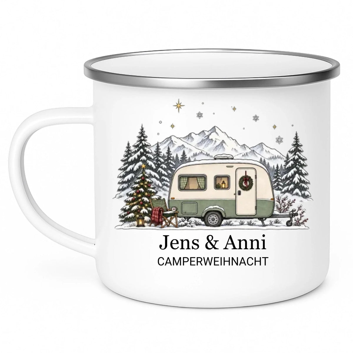 Personalisierte Emaille Camping Tasse mit Namen „Wohnwagen Weihnachten“ Little Mathilda Little Mathilda Emaille Tasse