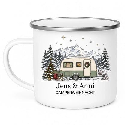Personalisierte Emaille Camping Tasse mit Namen „Wohnwagen Weihnachten“ Little Mathilda Little Mathilda Emaille Tasse