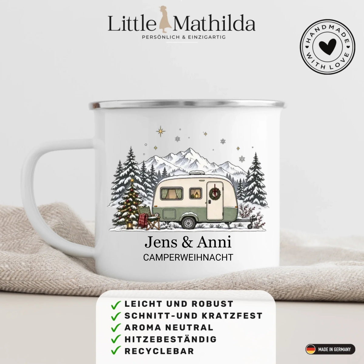 Personalisierte Emaille Camping Tasse mit Namen „Wohnwagen Weihnachten“ Little Mathilda Little Mathilda Emaille Tasse
