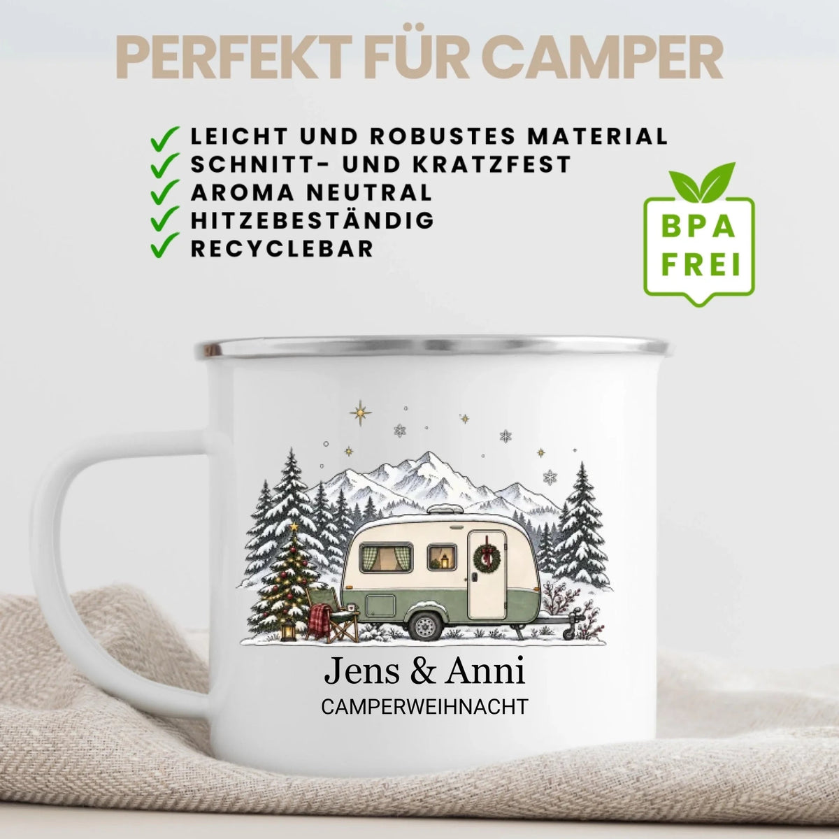 Personalisierte Emaille Camping Tasse mit Namen „Wohnwagen Weihnachten“ Little Mathilda Little Mathilda Emaille Tasse