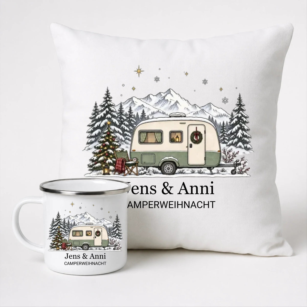 Personalisierte Emaille Camping Tasse mit Namen „Wohnwagen Weihnachten“ Little Mathilda Little Mathilda Emaille Tasse
