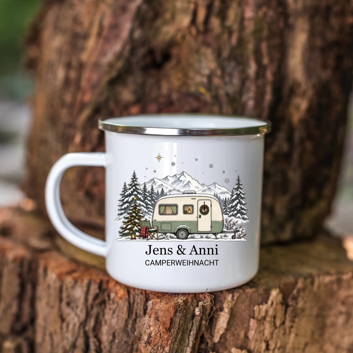 Personalisierte Emaille Camping Tasse mit Namen „Wohnwagen Weihnachten“ Little Mathilda Little Mathilda Emaille Tasse