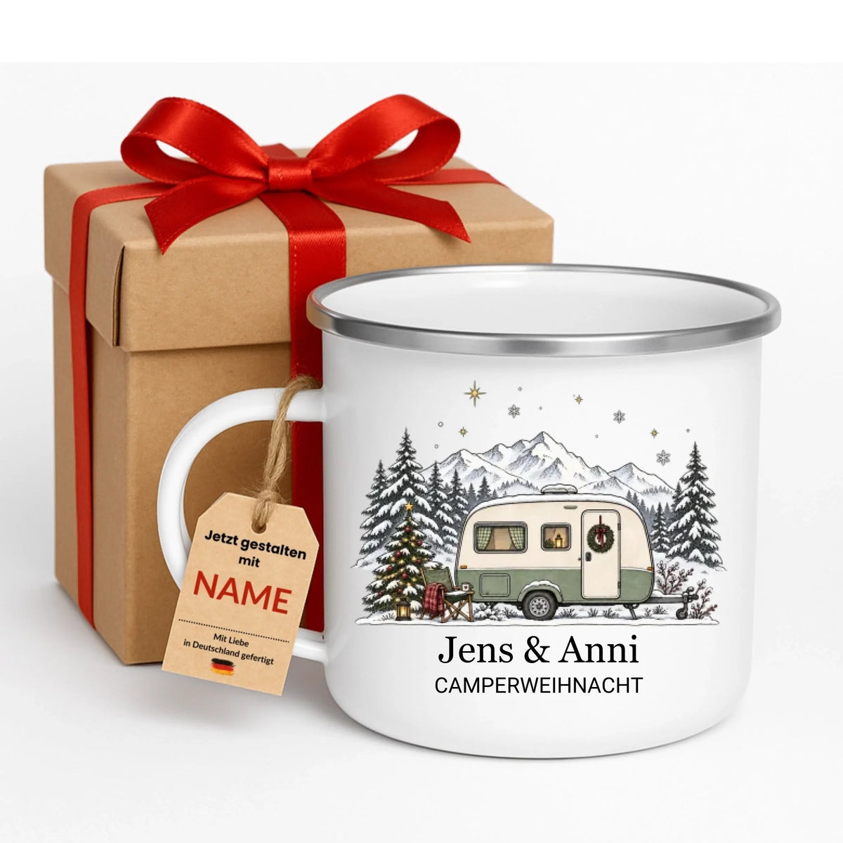 Personalisierte Emaille Camping Tasse mit Namen „Wohnwagen Weihnachten“ Little Mathilda Little Mathilda Emaille Tasse
