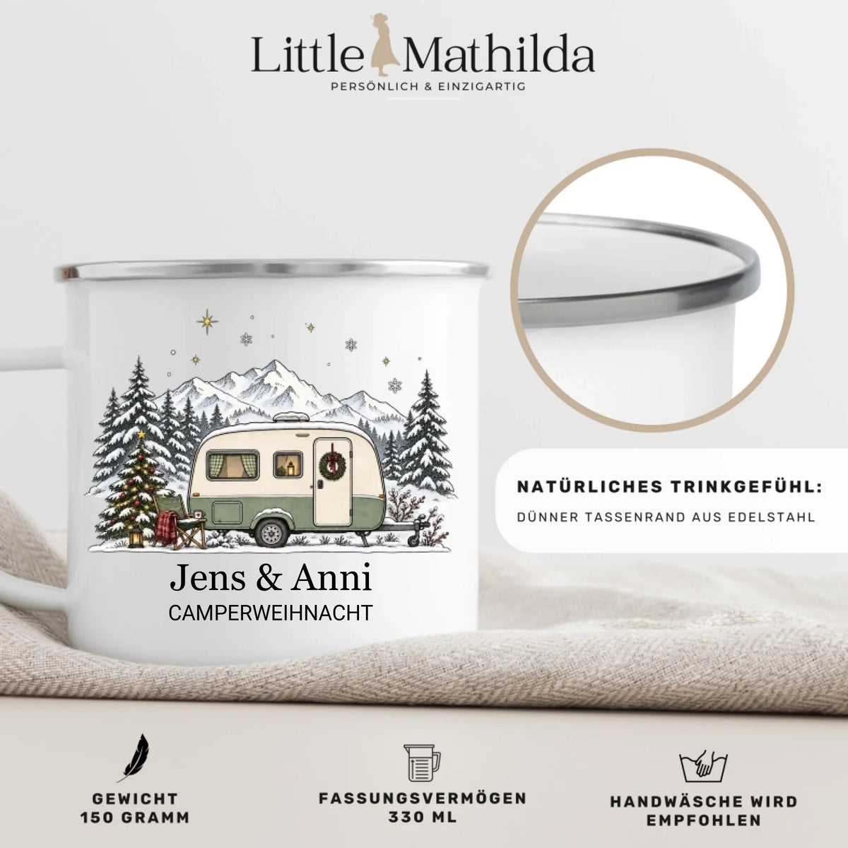 Personalisierte Emaille Camping Tasse mit Namen „Wohnwagen Weihnachten“ Little Mathilda Little Mathilda Emaille Tasse