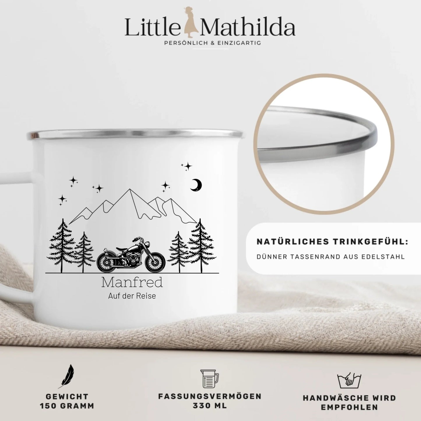 Personalisierte Emaille Camping Tasse Motorrad Little Mathilda Little Mathilda Emaille Tasse