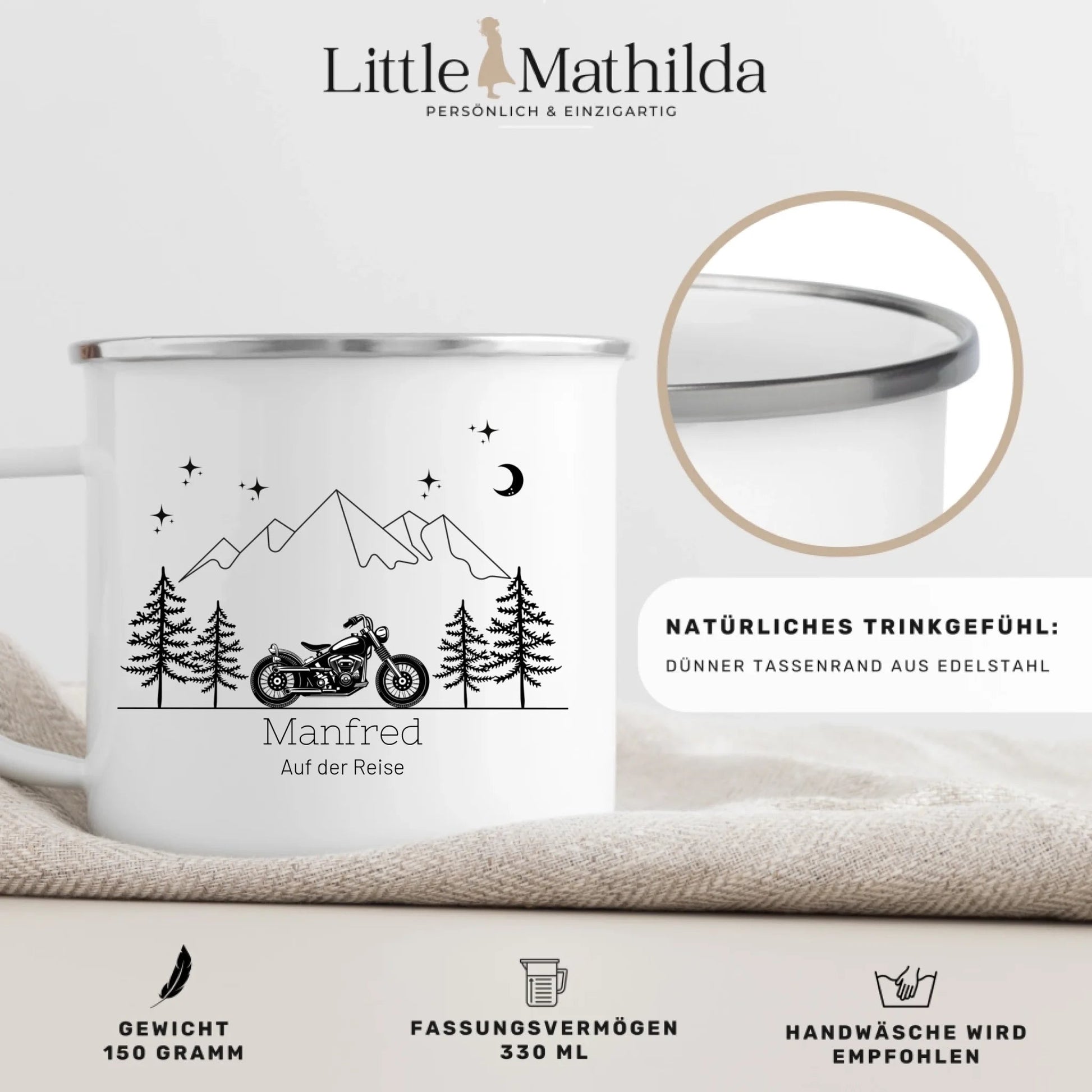Personalisierte Emaille Camping Tasse Motorrad Little Mathilda Little Mathilda Emaille Tasse