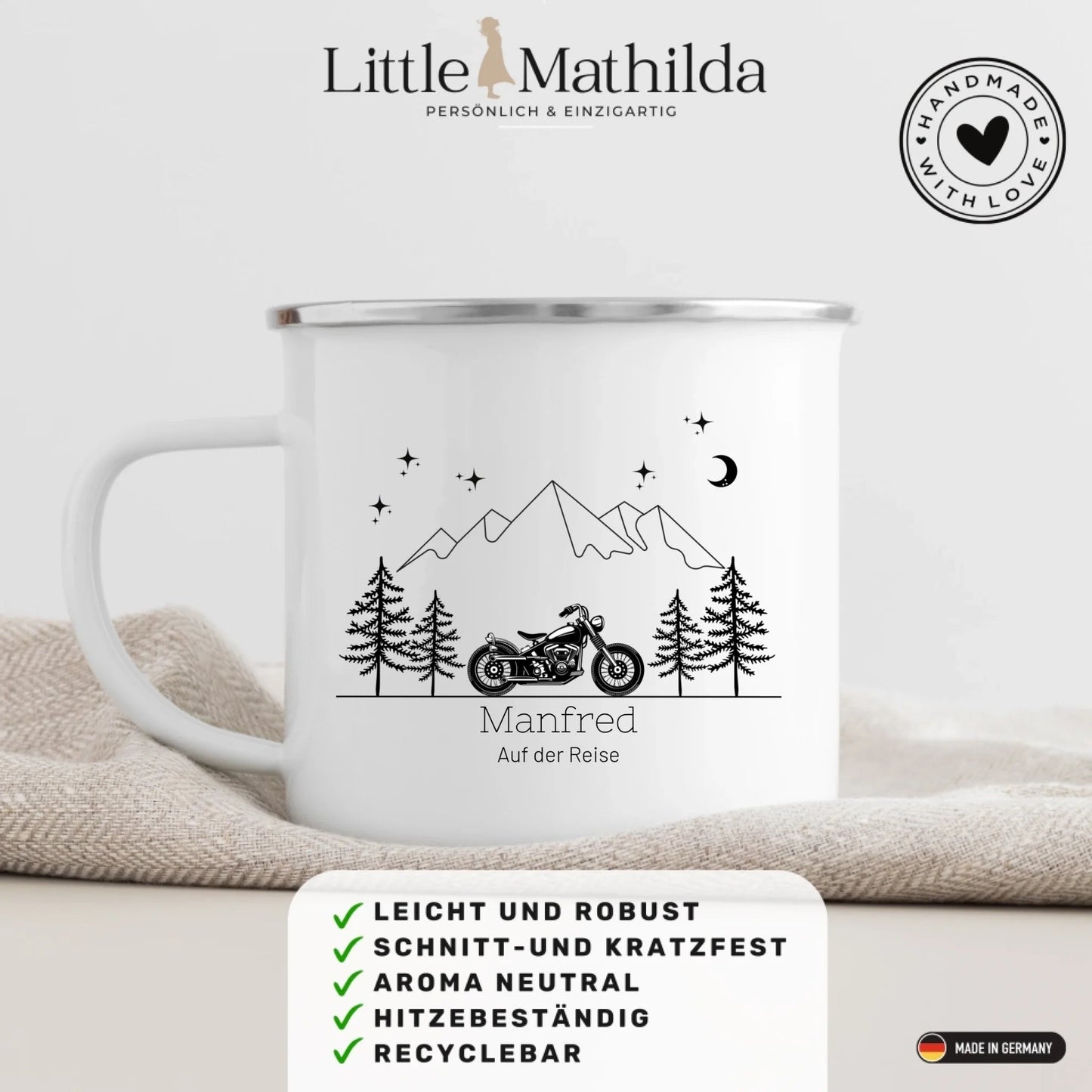 Personalisierte Emaille Camping Tasse Motorrad Little Mathilda Little Mathilda Emaille Tasse