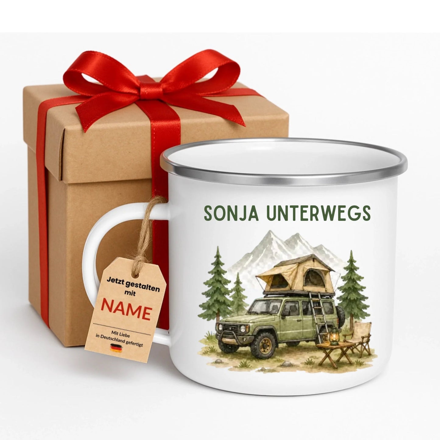 Personalisierte Emaille Camping Tasse Offroad Camper mit Schlafdach Little Mathilda Little Mathilda Emaille Tasse