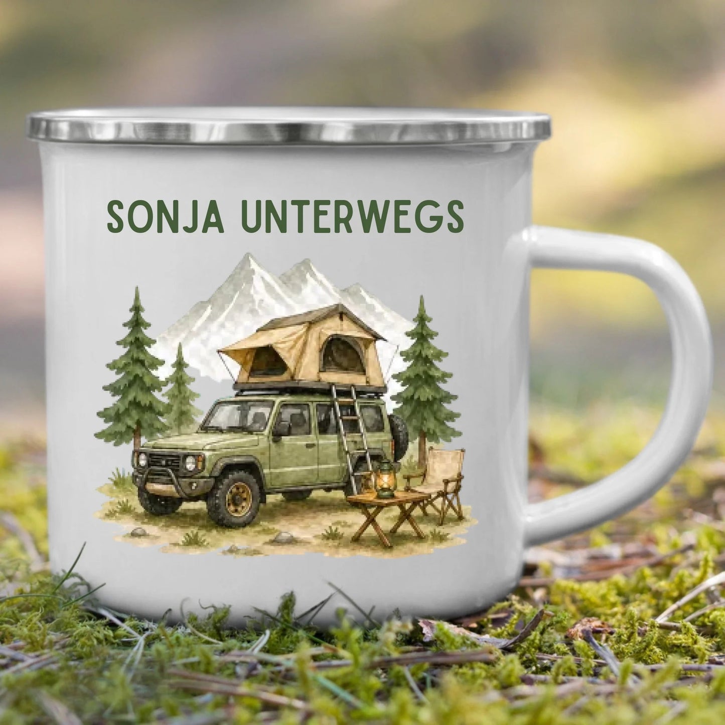 Personalisierte Emaille Camping Tasse Offroad Camper mit Schlafdach Little Mathilda Little Mathilda Emaille Tasse