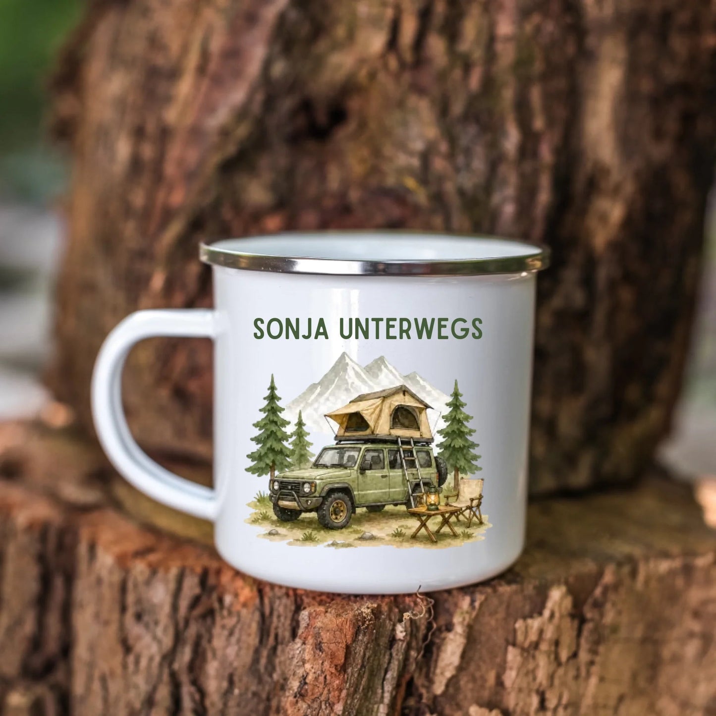 Personalisierte Emaille Camping Tasse Offroad Camper mit Schlafdach Little Mathilda Little Mathilda Emaille Tasse