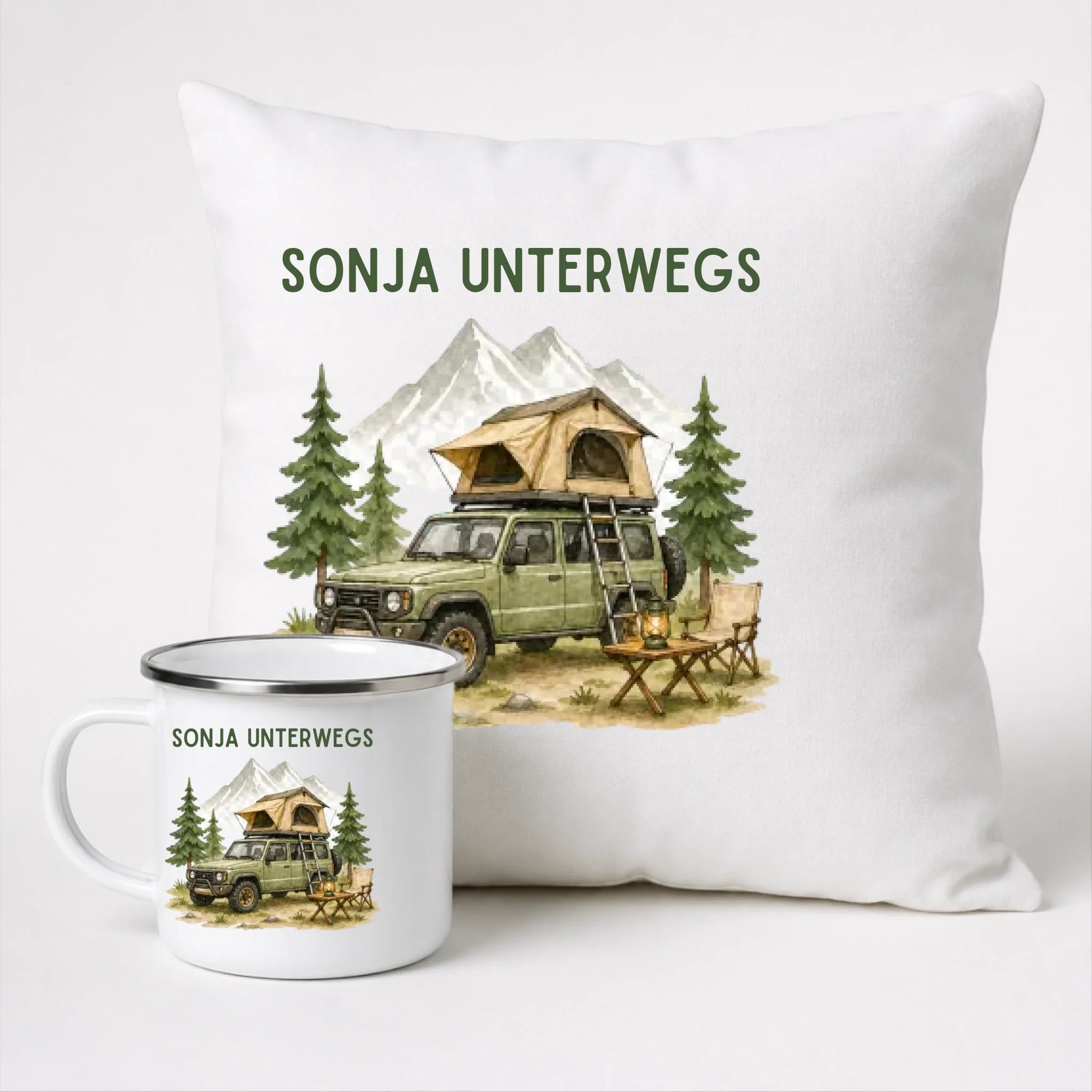 Personalisierte Emaille Camping Tasse Offroad Camper mit Schlafdach Little Mathilda Little Mathilda Emaille Tasse