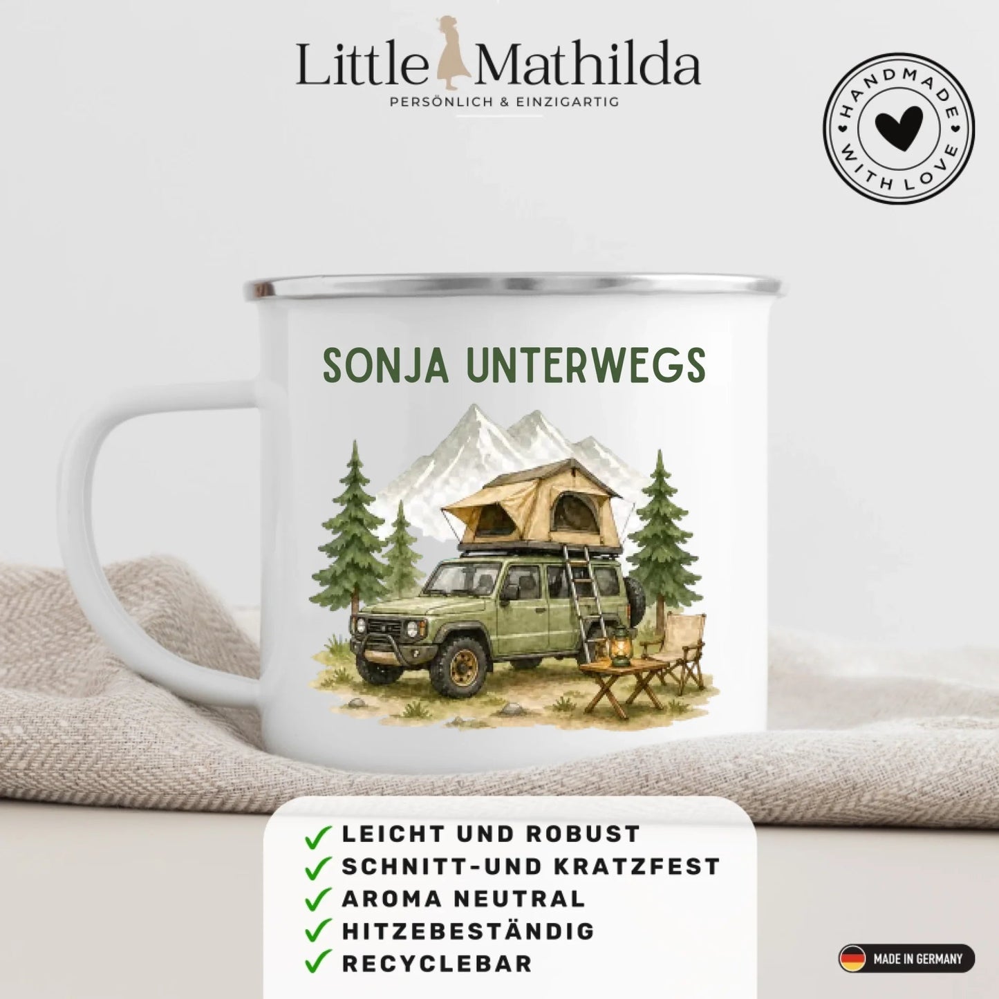 Personalisierte Emaille Camping Tasse Offroad Camper mit Schlafdach Little Mathilda Little Mathilda Emaille Tasse