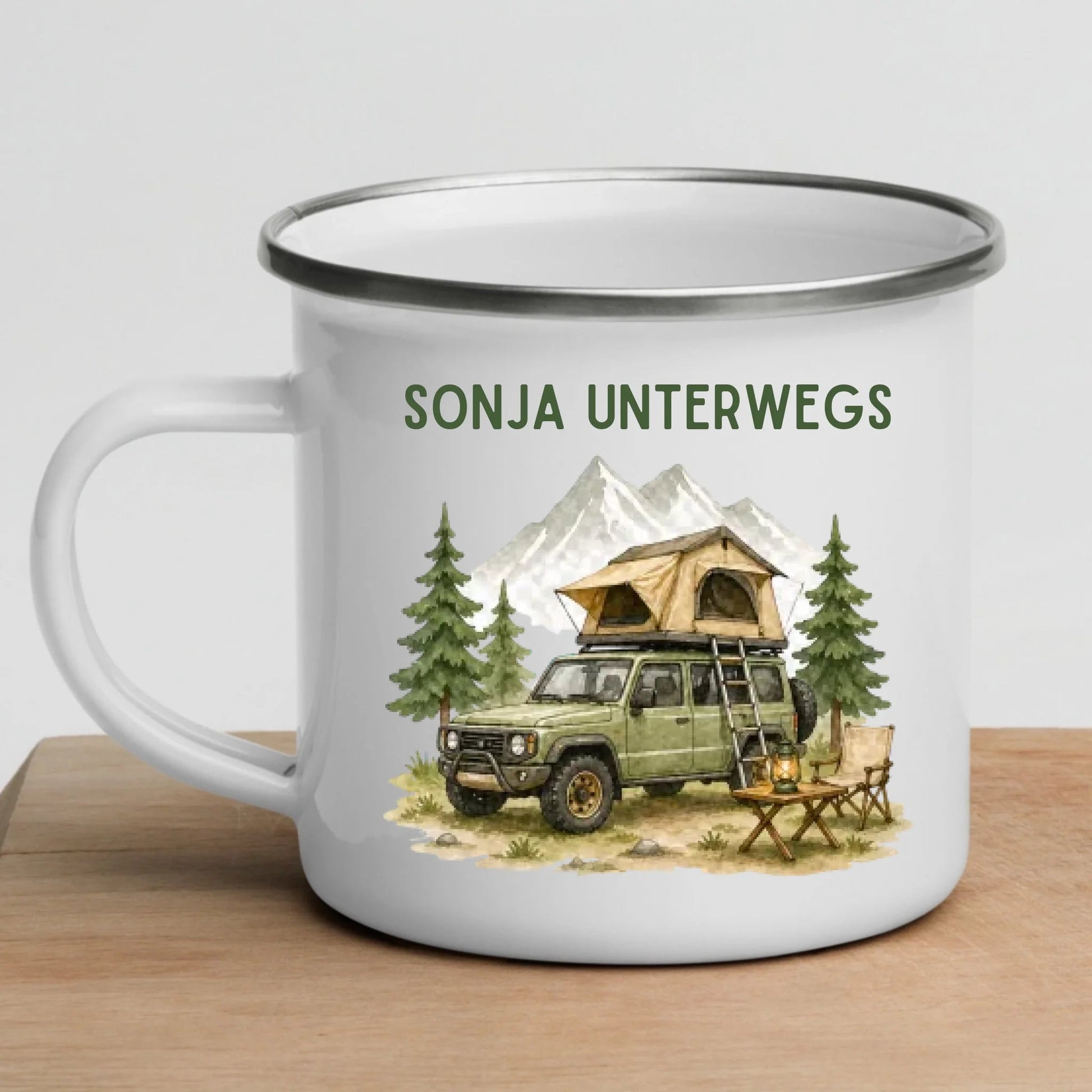 Personalisierte Camping Tasse mit Offroad-Dachzelt-Motiv – Little Mathilda