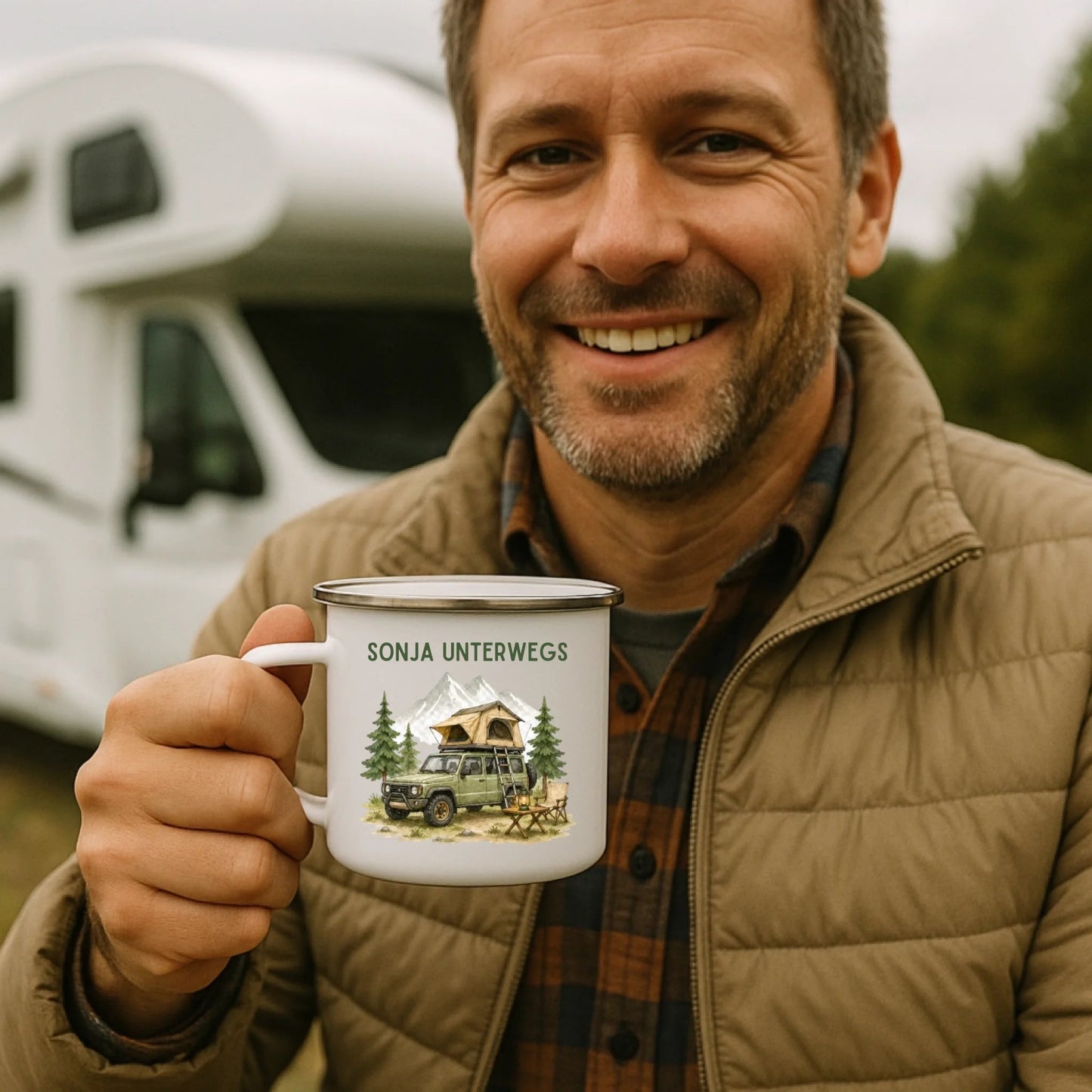 Personalisierte Emaille Camping Tasse Offroad Camper mit Schlafdach Little Mathilda Little Mathilda Emaille Tasse