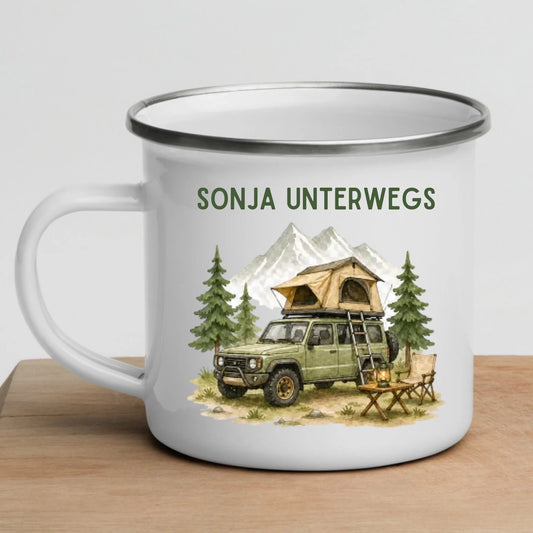Personalisierte Emaille Camping Tasse Offroad Camper mit Schlafdach Little Mathilda Little Mathilda Emaille Tasse
