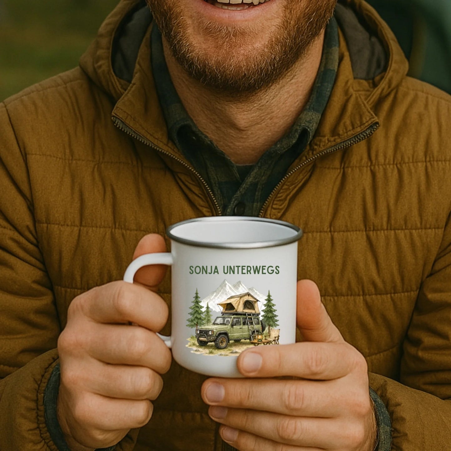 Personalisierte Emaille Camping Tasse Offroad Camper mit Schlafdach Little Mathilda Little Mathilda Emaille Tasse