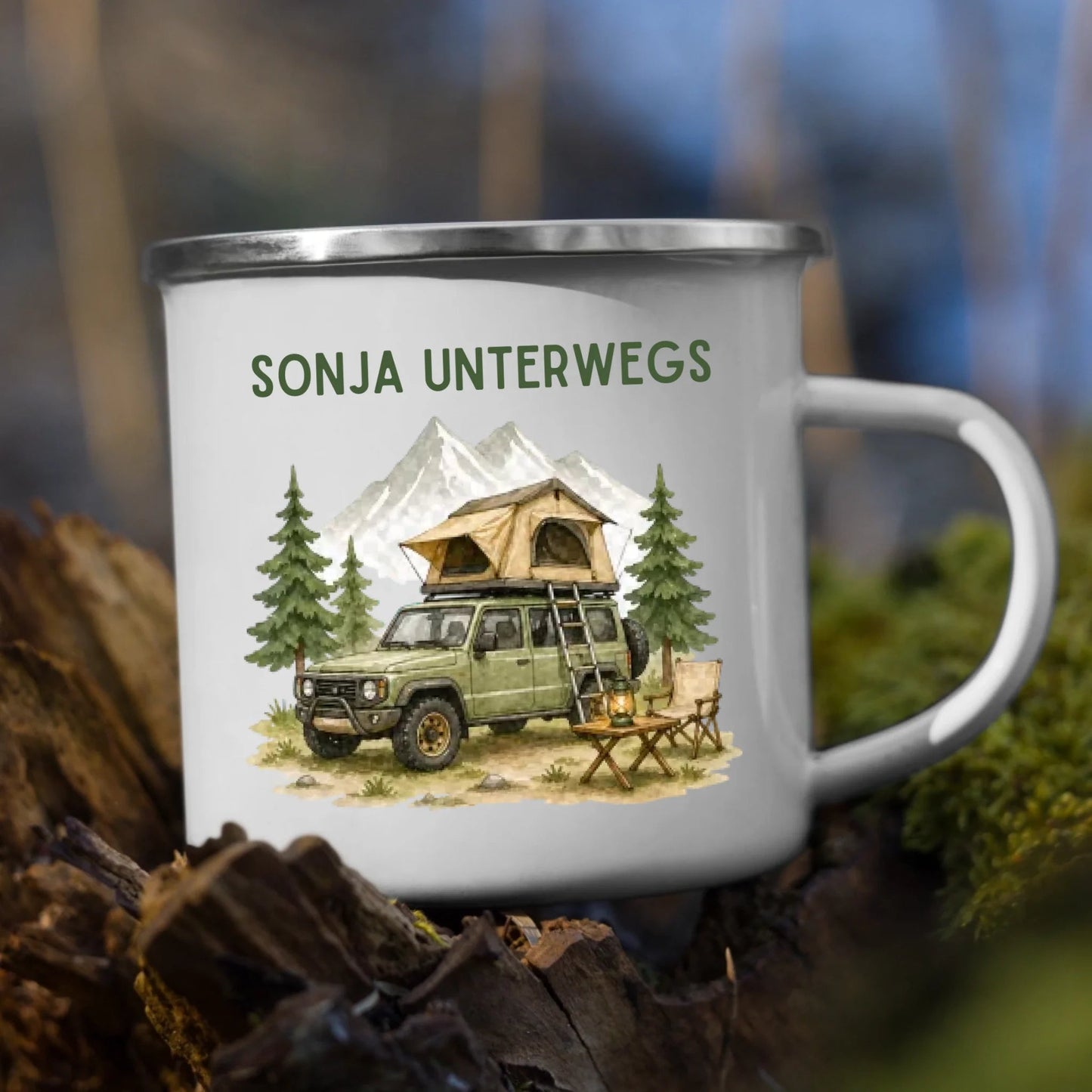 Personalisierte Emaille Camping Tasse Offroad Camper mit Schlafdach Little Mathilda Little Mathilda Emaille Tasse