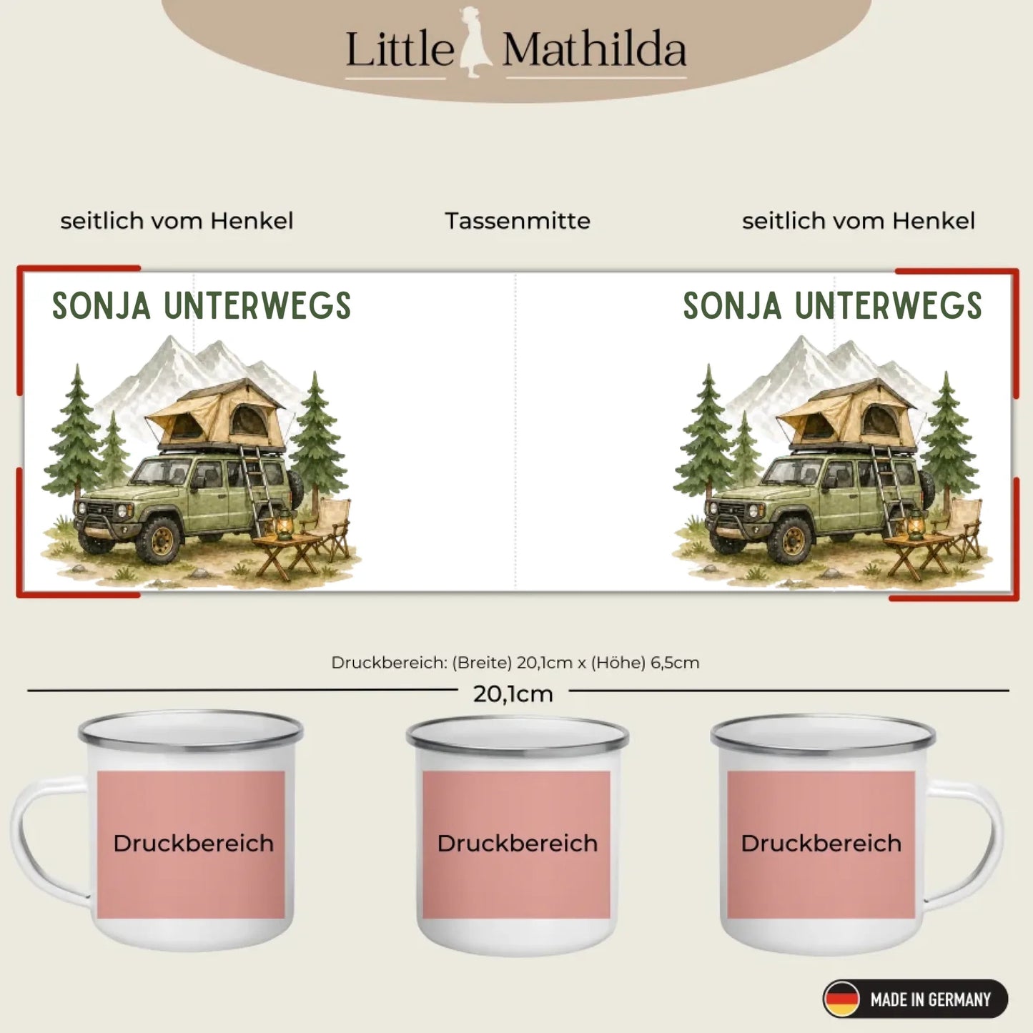 Personalisierte Emaille Camping Tasse Offroad Camper mit Schlafdach Little Mathilda Little Mathilda Emaille Tasse