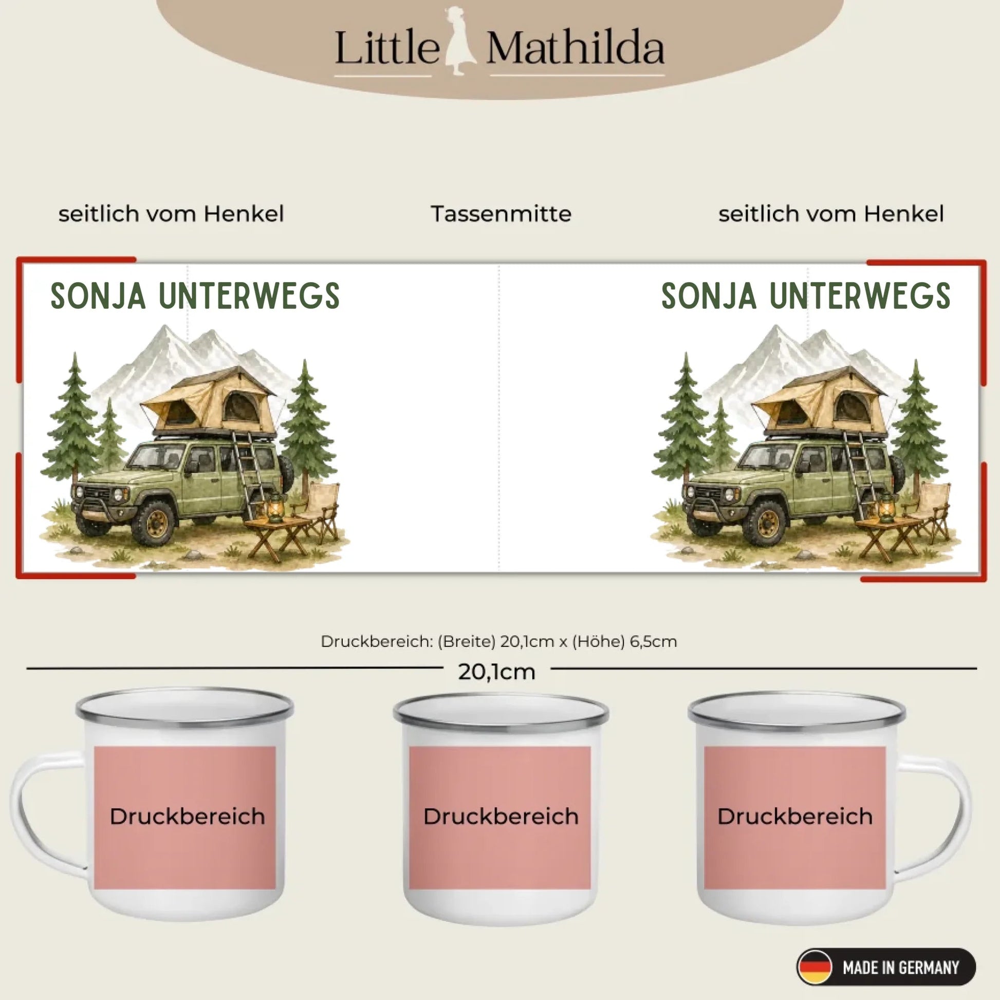 Personalisierte Emaille Camping Tasse Offroad Camper mit Schlafdach Little Mathilda Little Mathilda Emaille Tasse