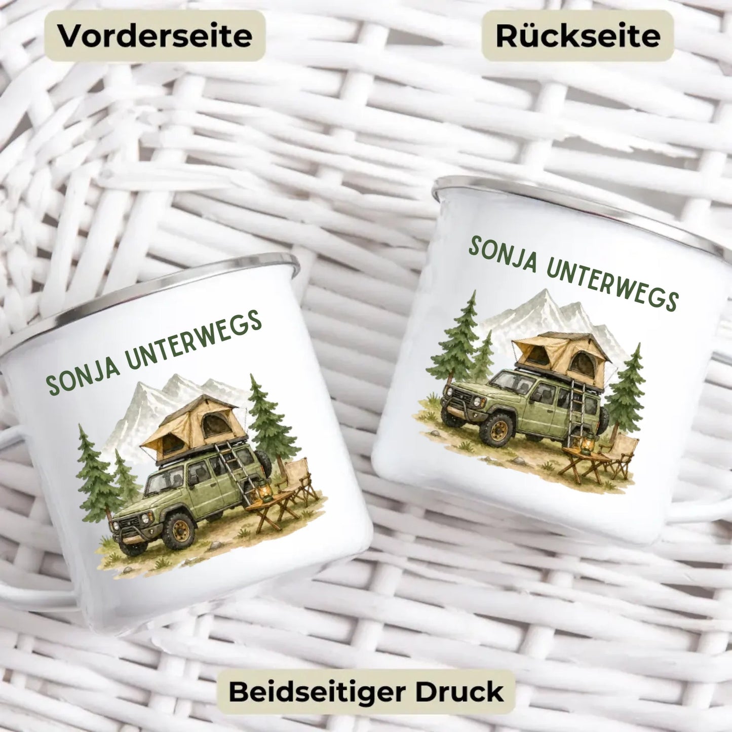 Personalisierte Emaille Camping Tasse Offroad Camper mit Schlafdach Little Mathilda Little Mathilda Emaille Tasse