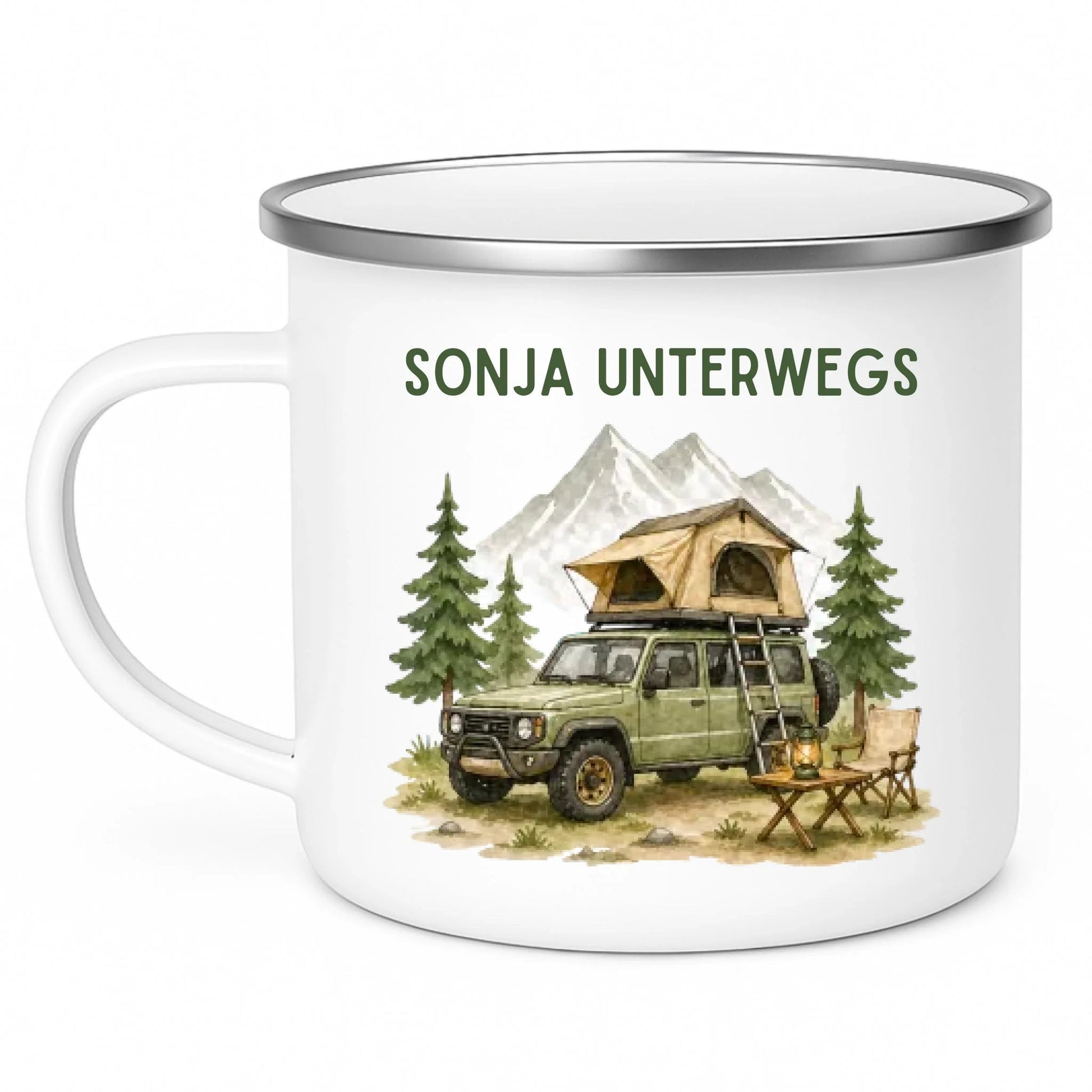 Personalisierte Emaille Camping Tasse Offroad Camper mit Schlafdach Little Mathilda Little Mathilda Emaille Tasse