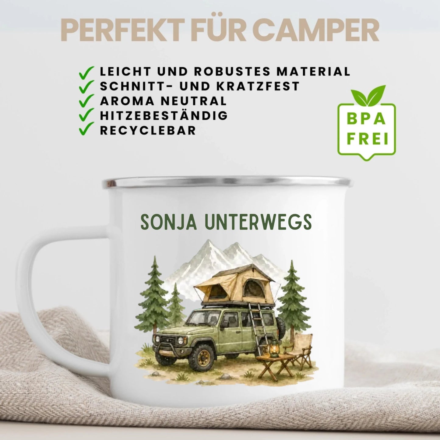 Personalisierte Emaille Camping Tasse Offroad Camper mit Schlafdach Little Mathilda Little Mathilda Emaille Tasse