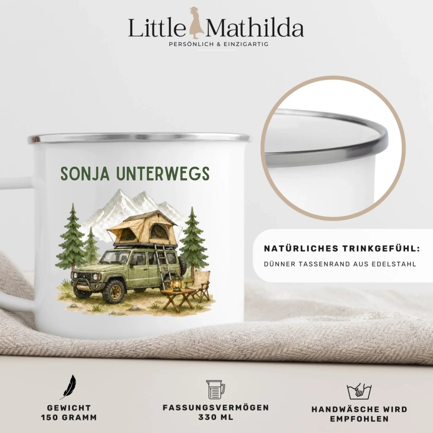 Personalisierte Emaille Camping Tasse Offroad Camper mit Schlafdach Little Mathilda Little Mathilda Emaille Tasse