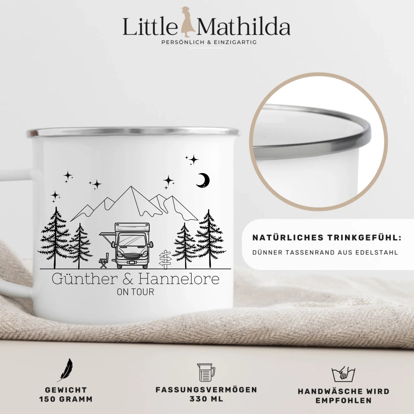 Personalisierte Emaille Camping Tasse Wohnmobil / Wohnwagen Little Mathilda Little Mathilda Emaille Tasse