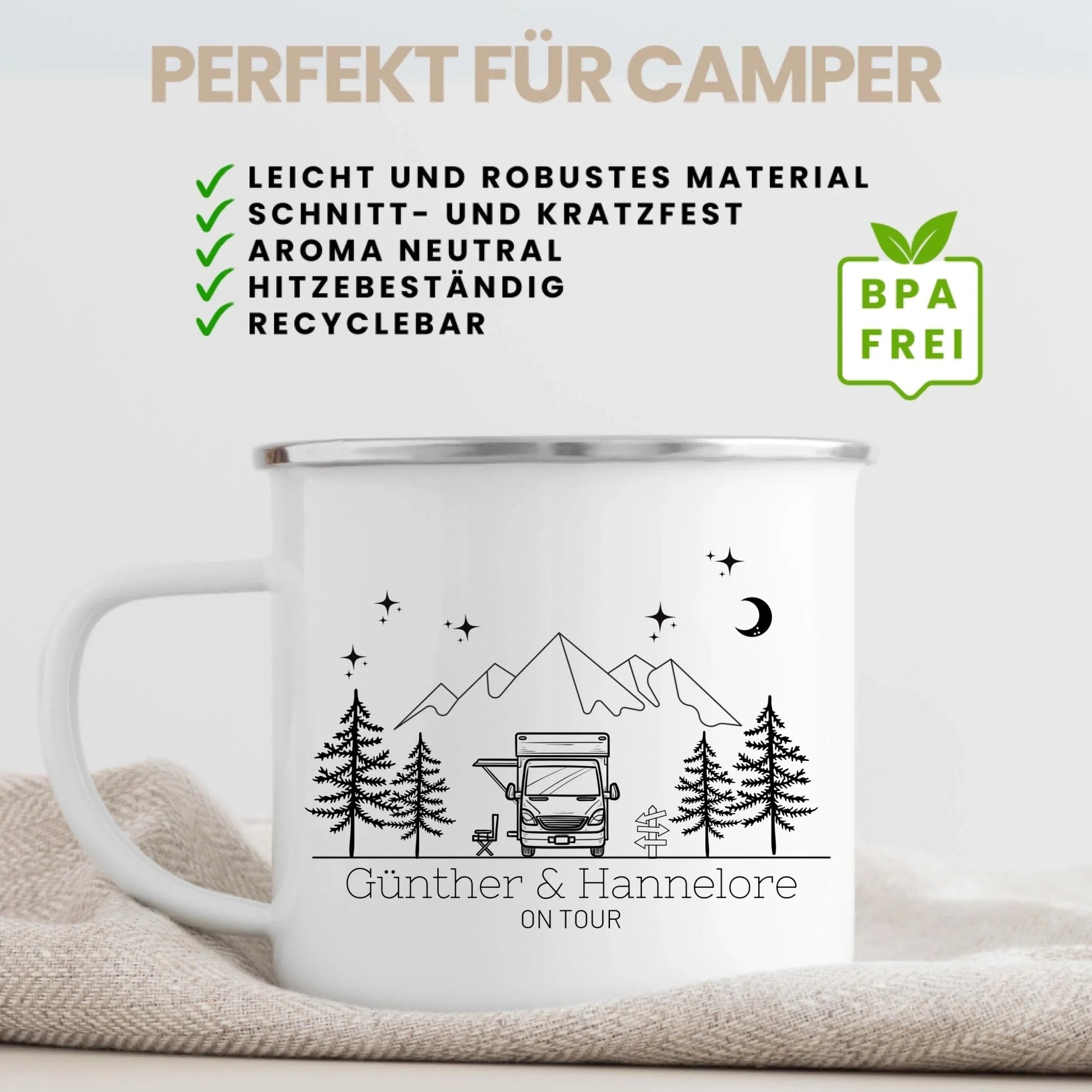 Personalisierte Emaille Camping Tasse Wohnmobil / Wohnwagen Little Mathilda Little Mathilda Emaille Tasse