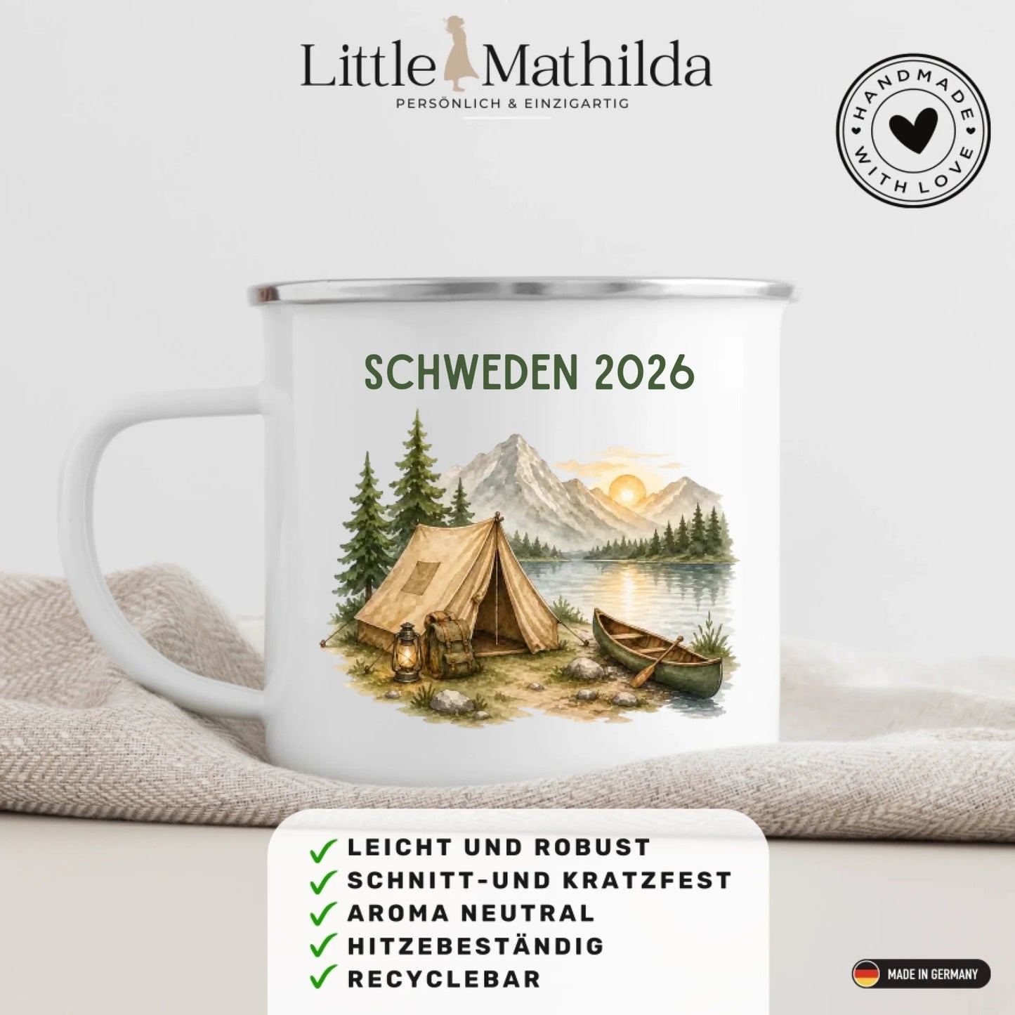 Personalisierte Emaille Camping Tasse Zelt & Berge Little Mathilda Little Mathilda Emaille Tasse