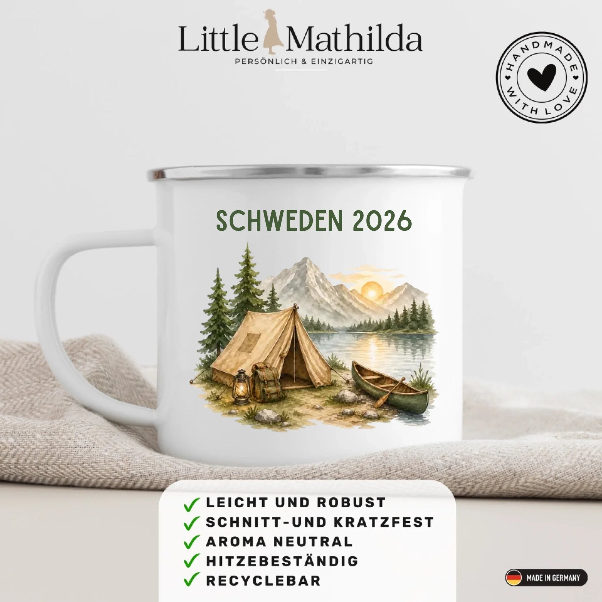 Personalisierte Emaille Camping Tasse Zelt & Berge Little Mathilda Little Mathilda Emaille Tasse