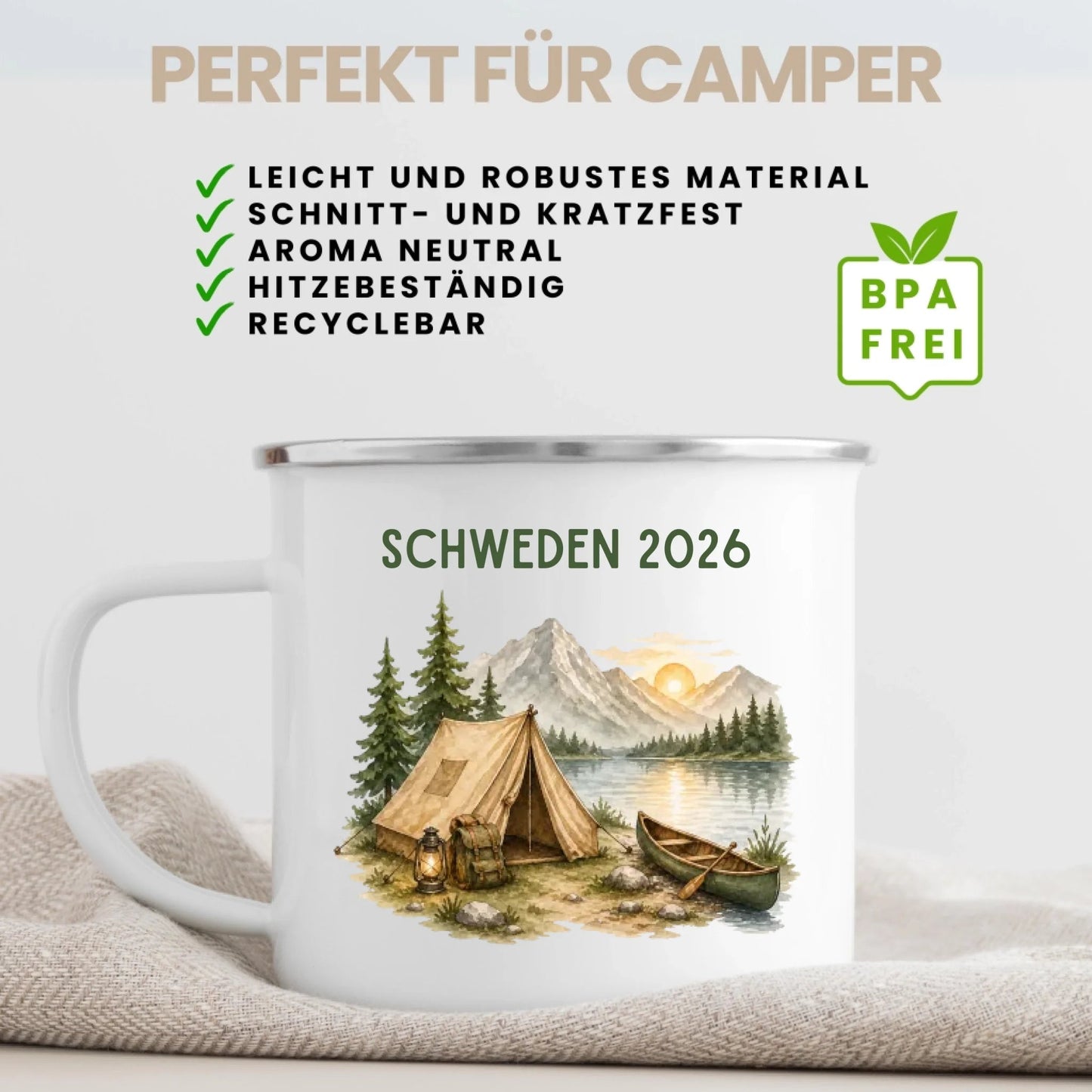 Personalisierte Emaille Camping Tasse Zelt & Berge Little Mathilda Little Mathilda Emaille Tasse