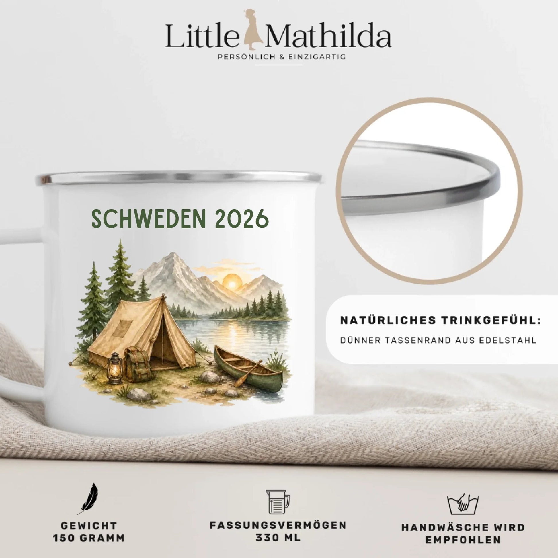 Personalisierte Emaille Camping Tasse Zelt & Berge Little Mathilda Little Mathilda Emaille Tasse