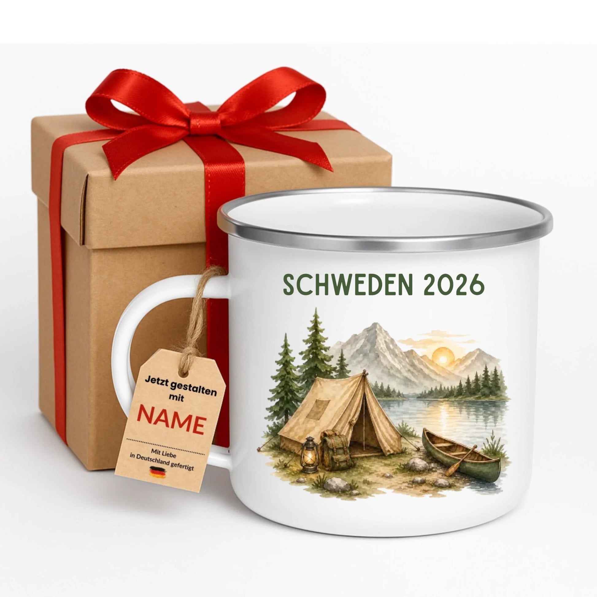 Personalisierte Camping Tasse mit Zelt am See Motiv – Little Mathilda