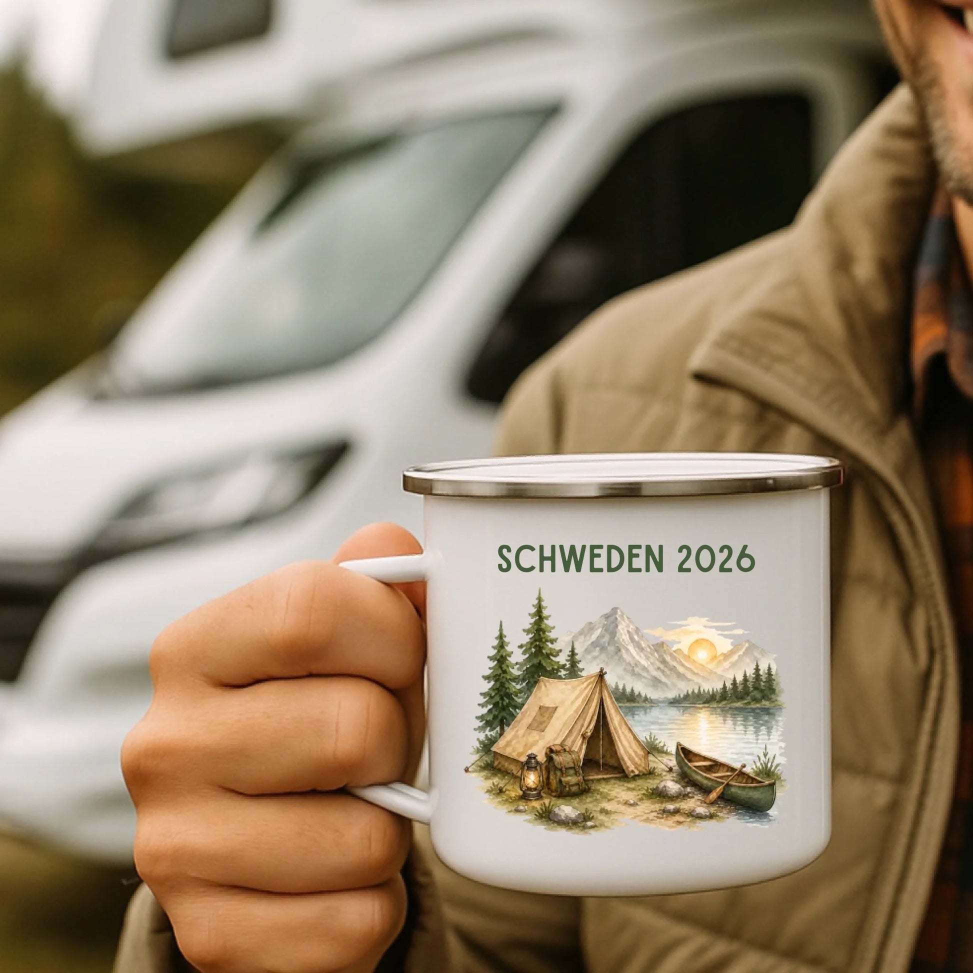 Personalisierte Emaille Camping Tasse Zelt & Berge Little Mathilda Little Mathilda Emaille Tasse