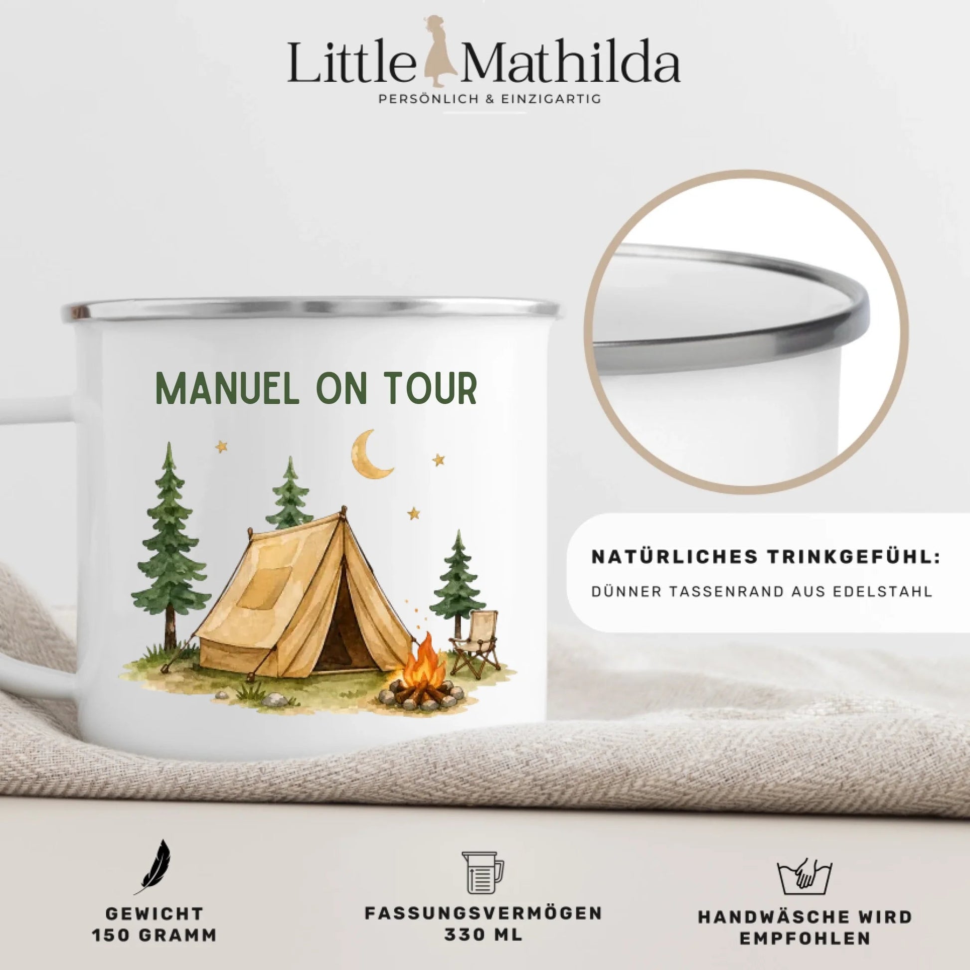 Personalisierte Emaille Camping Tasse Zelturlaub Little Mathilda Little Mathilda Emaille Tasse