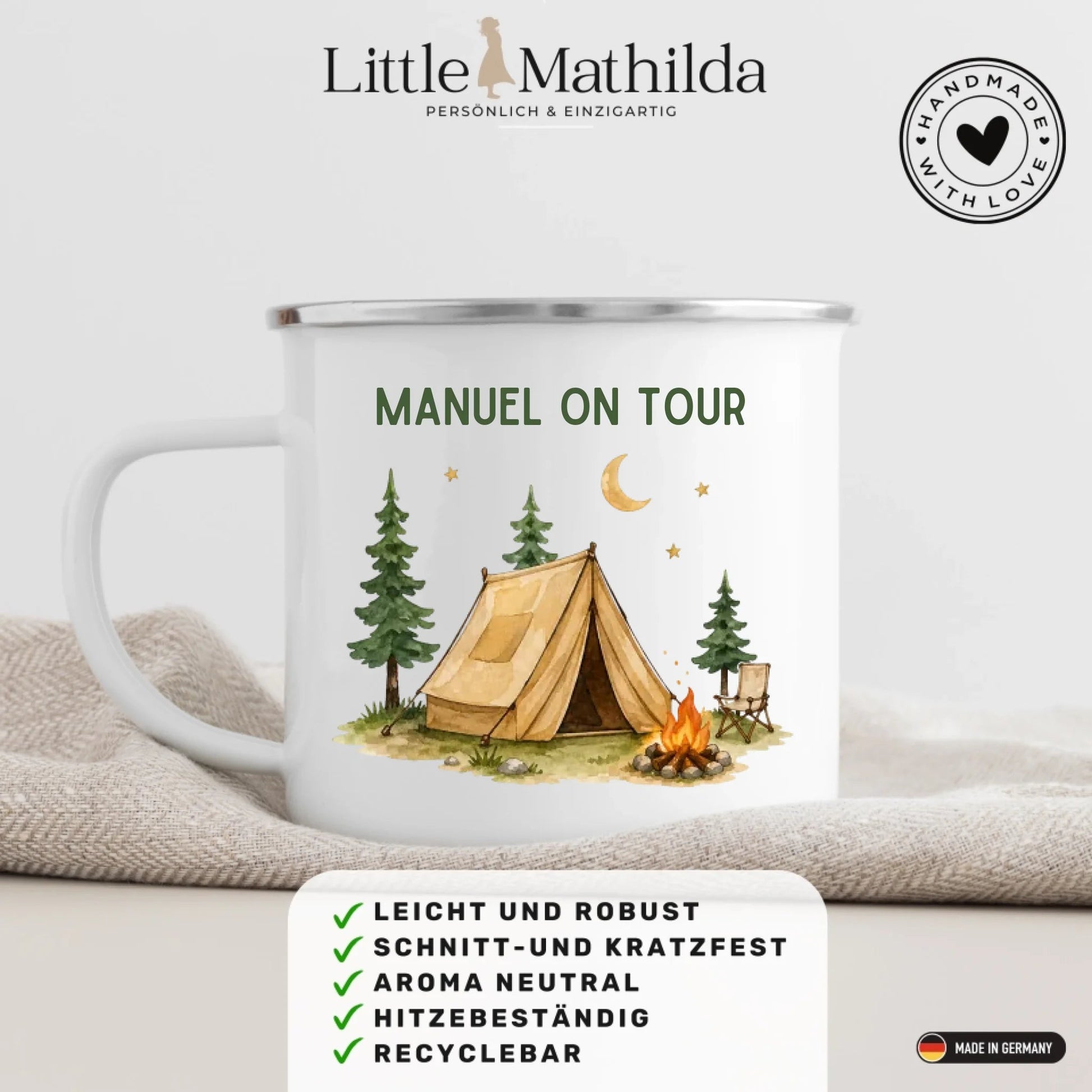 Personalisierte Emaille Camping Tasse Zelturlaub Little Mathilda Little Mathilda Emaille Tasse