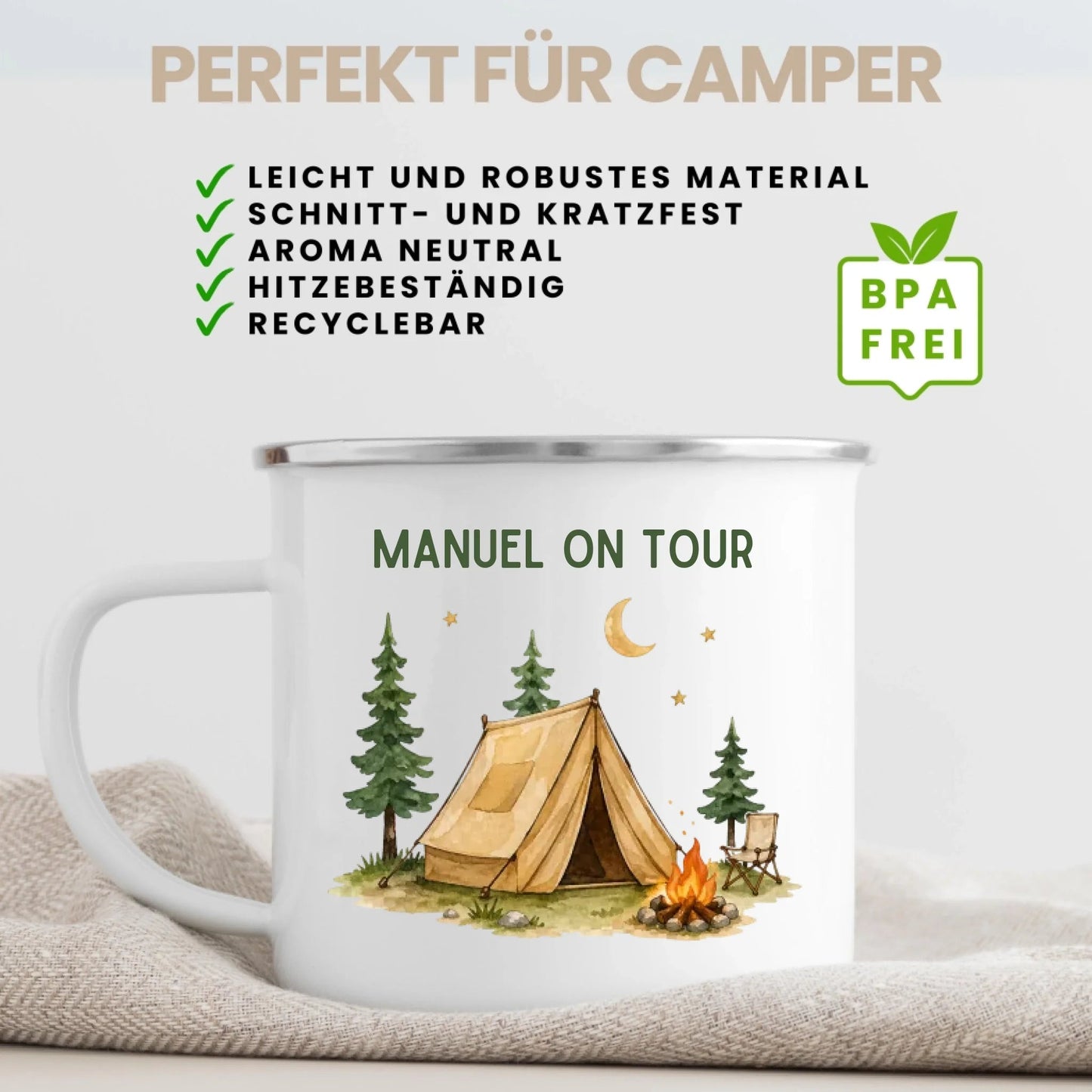 Personalisierte Emaille Camping Tasse Zelturlaub Little Mathilda Little Mathilda Emaille Tasse