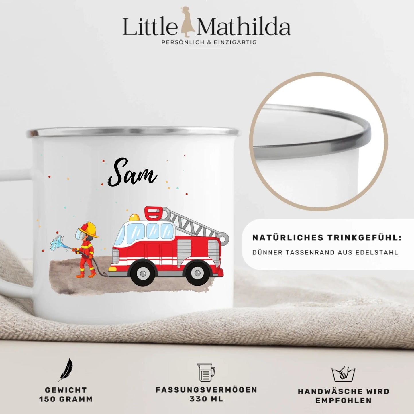 Personalisierte Emaille - Kindertasse mit Feuerwehrmann Little Mathilda Little Mathilda Emaille Tasse