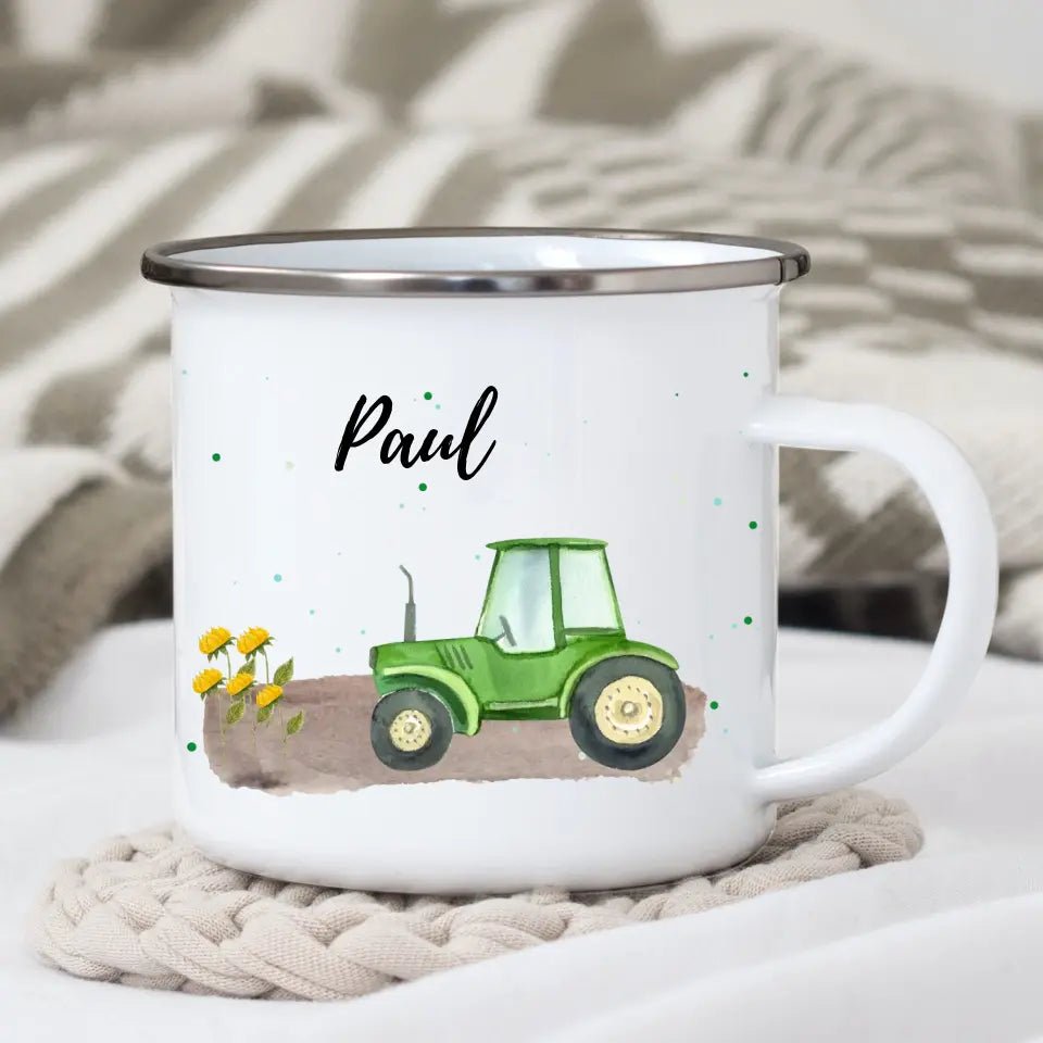 Personalisierte Emaille - Kindertasse mit grünem Traktor Little Mathilda Little Mathilda Emaille Tasse