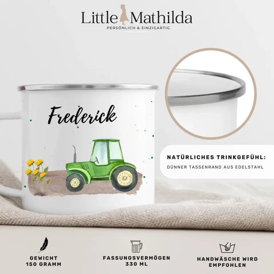 Personalisierte Emaille - Kindertasse mit grünem Traktor Little Mathilda Little Mathilda Emaille Tasse