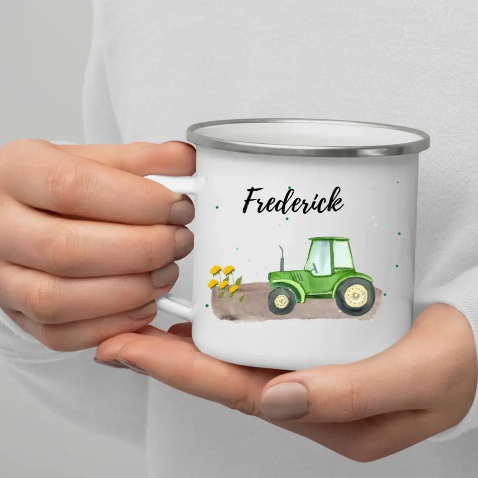 Personalisierte Emaille - Kindertasse mit grünem Traktor Little Mathilda Little Mathilda Emaille Tasse