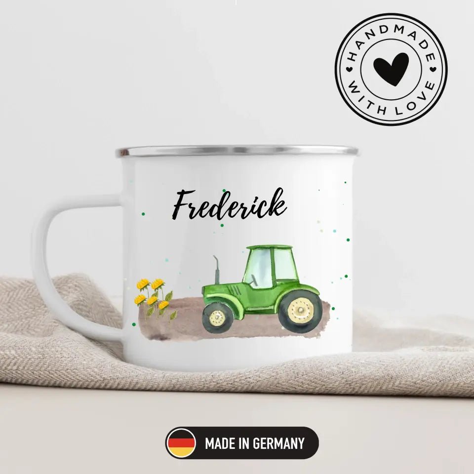 Personalisierte Emaille - Kindertasse mit grünem Traktor Little Mathilda Little Mathilda Emaille Tasse