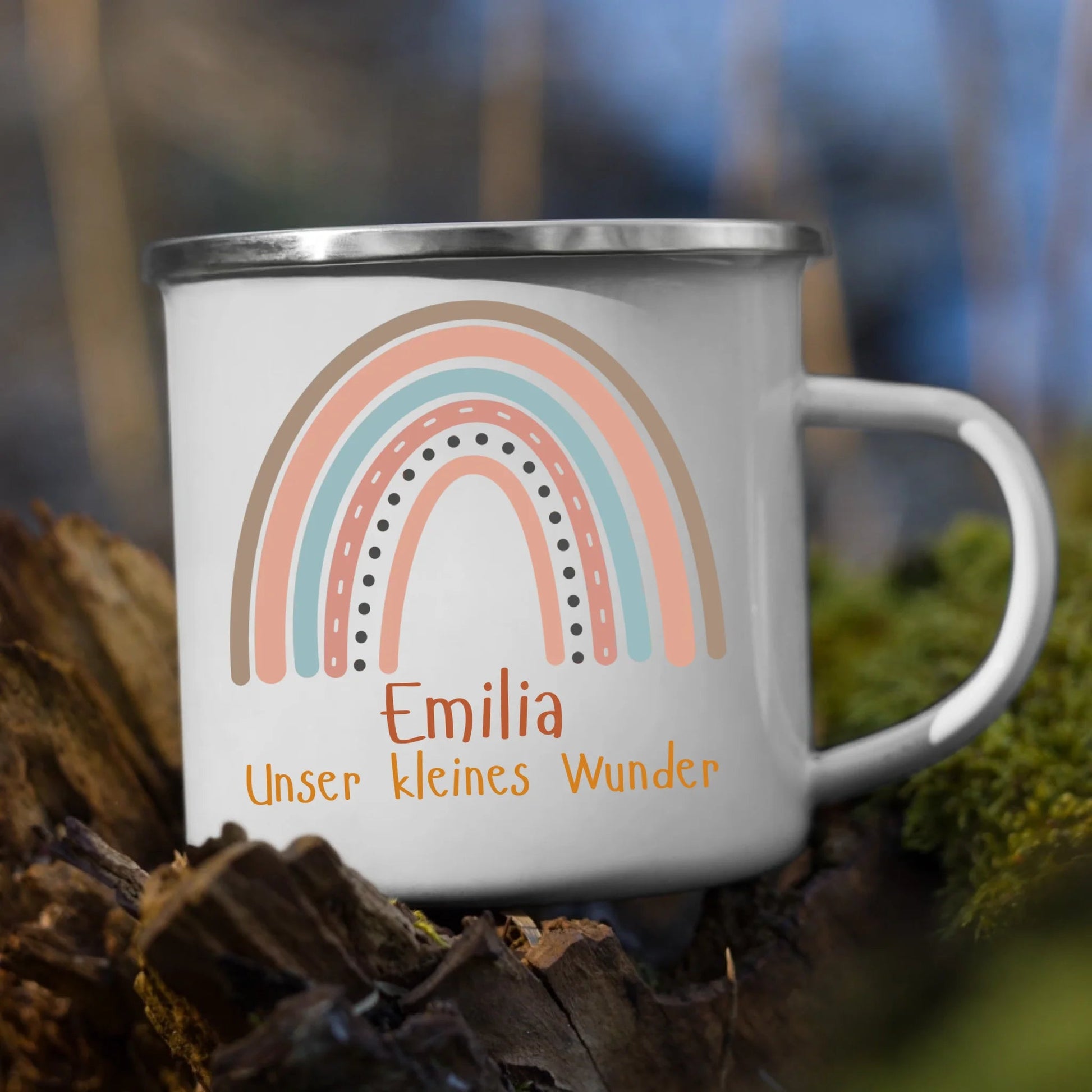 Personalisierte Emaille Kindertasse mit Regenbogen, Wunschnamen und einem Spruch Little Mathilda Little Mathilda Emaille Tasse