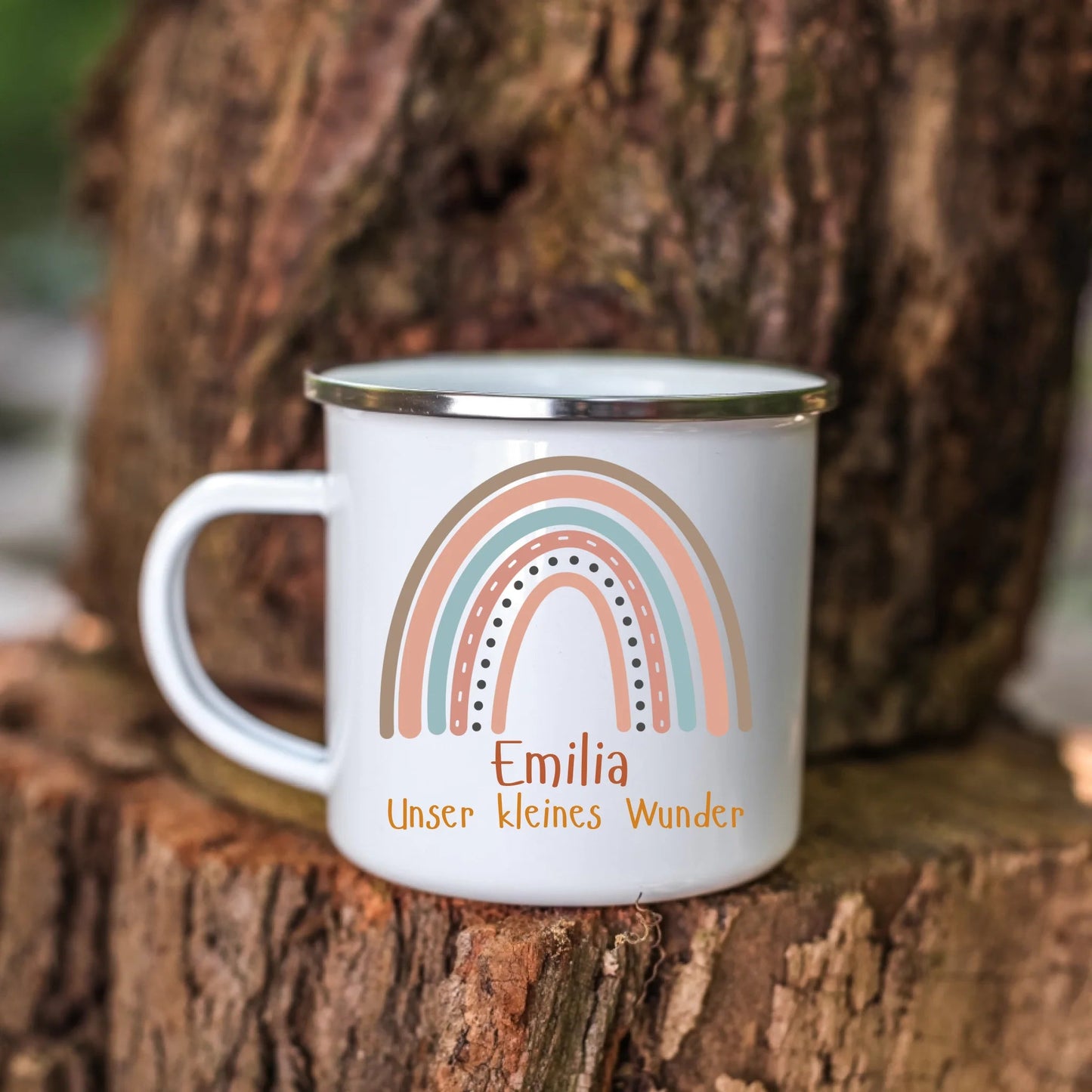 Personalisierte Emaille Kindertasse mit Regenbogen, Wunschnamen und einem Spruch Little Mathilda Little Mathilda Emaille Tasse