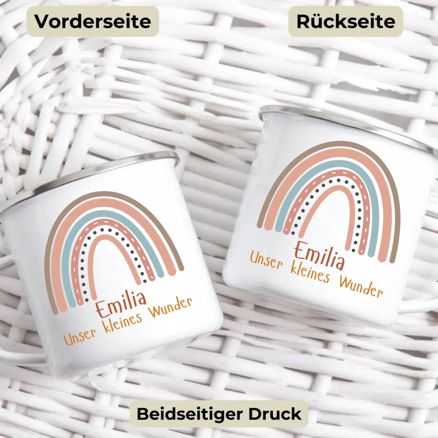 Personalisierte Emaille Kindertasse mit Regenbogen, Wunschnamen und einem Spruch Little Mathilda Little Mathilda Emaille Tasse